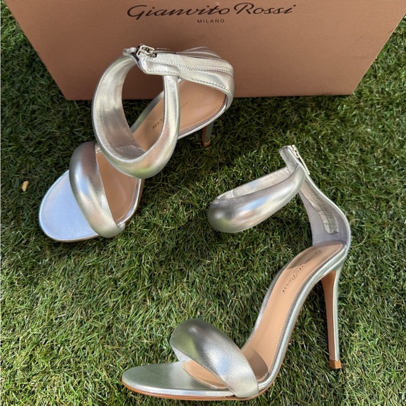 Gianvito Rossi Bijoux Silver Metallic Napa Leather Ankle Strap Heels Shoes 37.5 - Picture 11 of 12